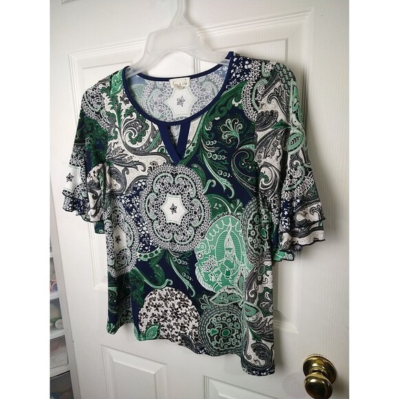 Emi & Joe Short Ruffle Sleeve V Neck Art To Wear Blouse. Size S - Picture 2 of 9